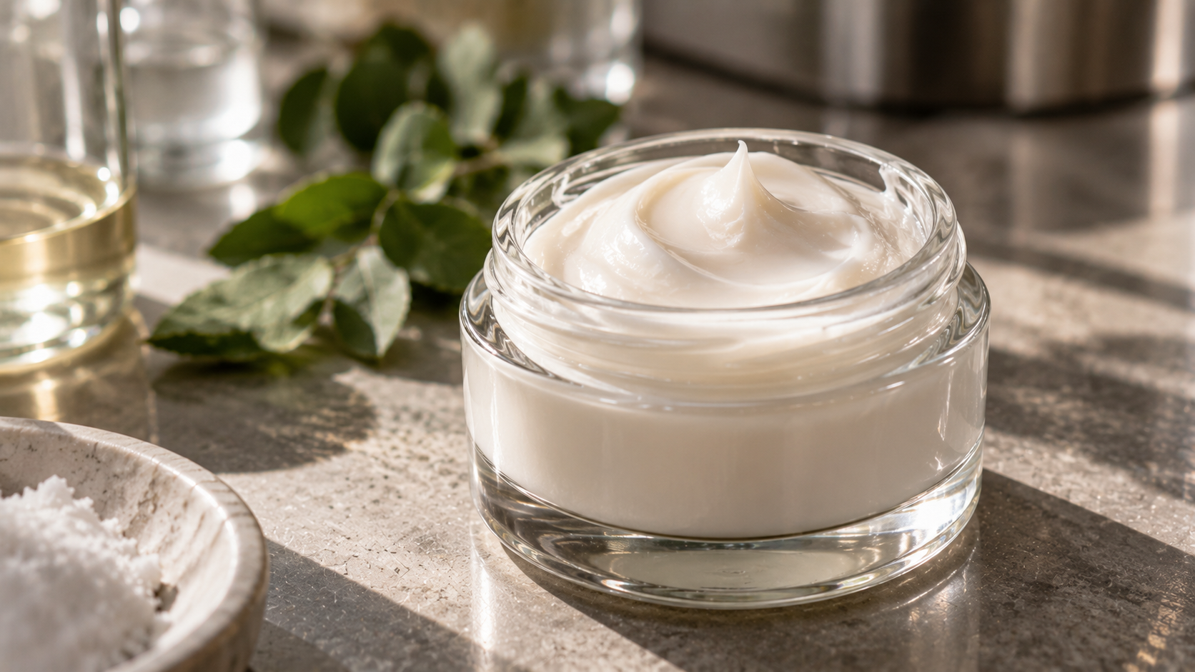 Weiße Kosmetikcreme in einem Glastiegel